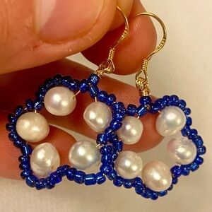 Elegant Blue and White Beaded Earrings. Handmade. White pearls